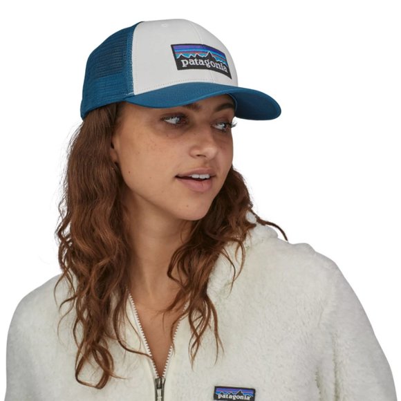 Patagonia P-6 Logo LoPro Trucker Snapback Hat Cap White Wavy Blue Unisex - NEW - Picture 2 of 3
